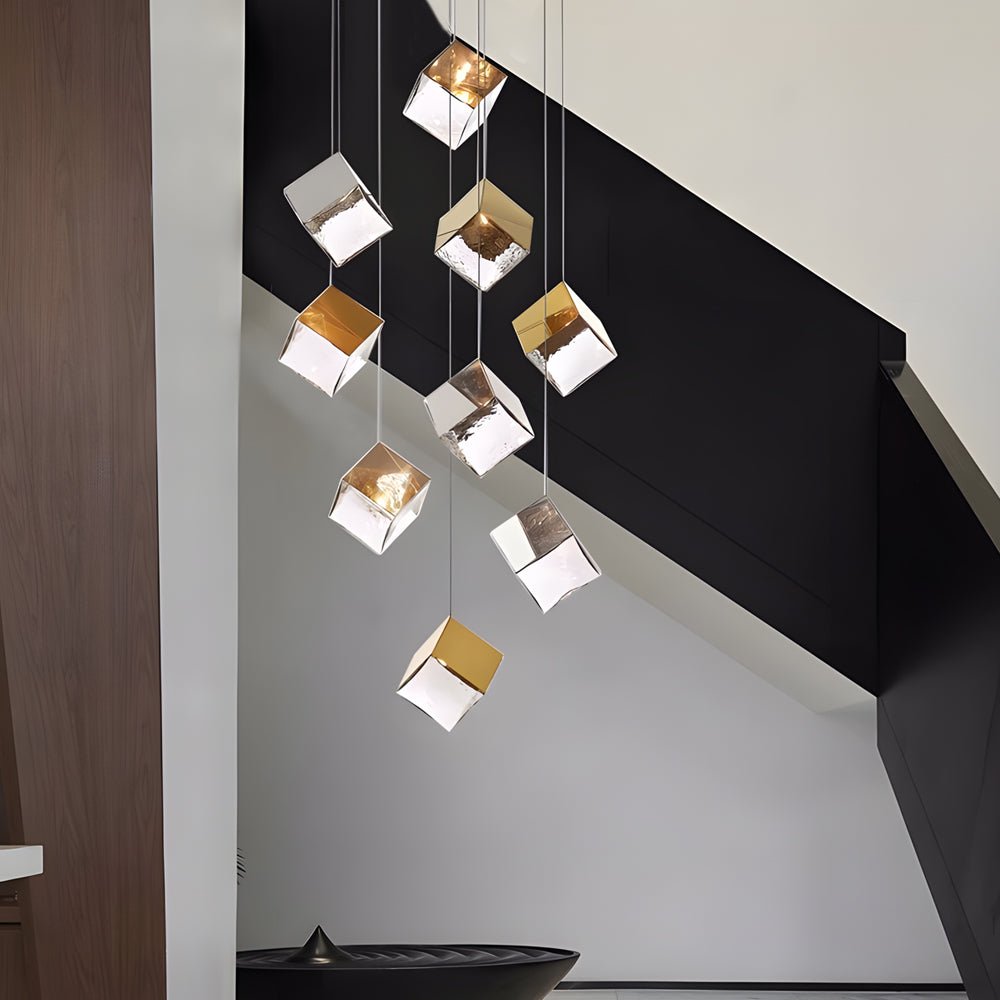 Staircase Chandelier Stainless Steel Glass Ice Cube Geometric Integrated LED Modern Postmodern Fixed 3000K Gold Chrome Eight Configurations 1-Light to 9-Light