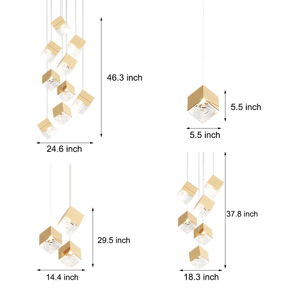 Staircase Chandelier Stainless Steel Glass Ice Cube Geometric Integrated LED Modern Postmodern Fixed 3000K Gold Chrome Eight Configurations 1-Light to 9-Light