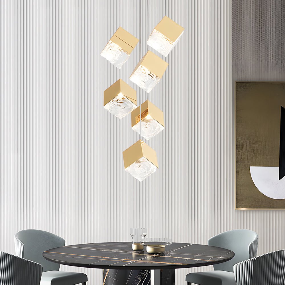 Staircase Chandelier Stainless Steel Glass Ice Cube Geometric Integrated LED Modern Postmodern Fixed 3000K Gold Chrome Eight Configurations 1-Light to 9-Light