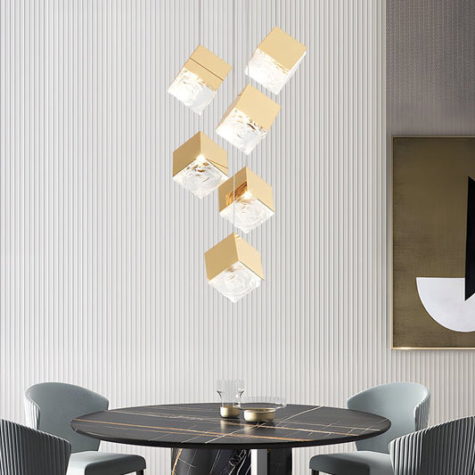 Staircase Chandelier Stainless Steel Glass Ice Cube Geometric Integrated LED Modern Postmodern Fixed 3000K Gold Chrome Eight Configurations 1-Light to 9-Light