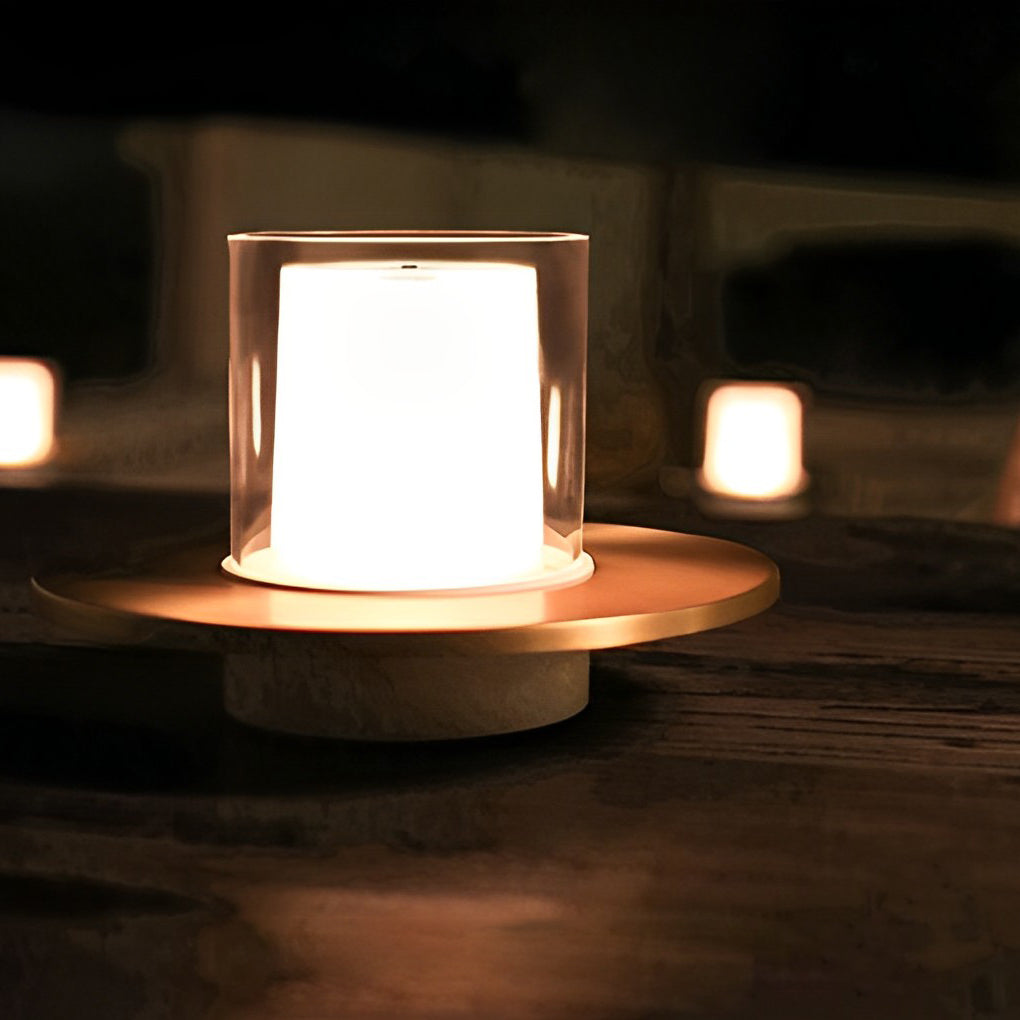 Modern Rechargeable LED Table Lamp Candle Cylinder 2400K Touch Infrared Dimmable Cordless Brass Nickel Dish Base Bedside 4 Inch