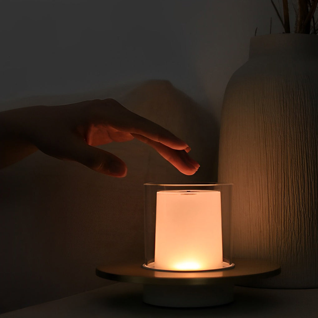 Modern Rechargeable LED Table Lamp Candle Cylinder 2400K Touch Infrared Dimmable Cordless Brass Nickel Dish Base Bedside 4 Inch