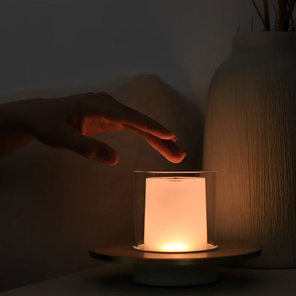 Modern Rechargeable LED Table Lamp Candle Cylinder 2400K Touch Infrared Dimmable Cordless Brass Nickel Dish Base Bedside 4 Inch