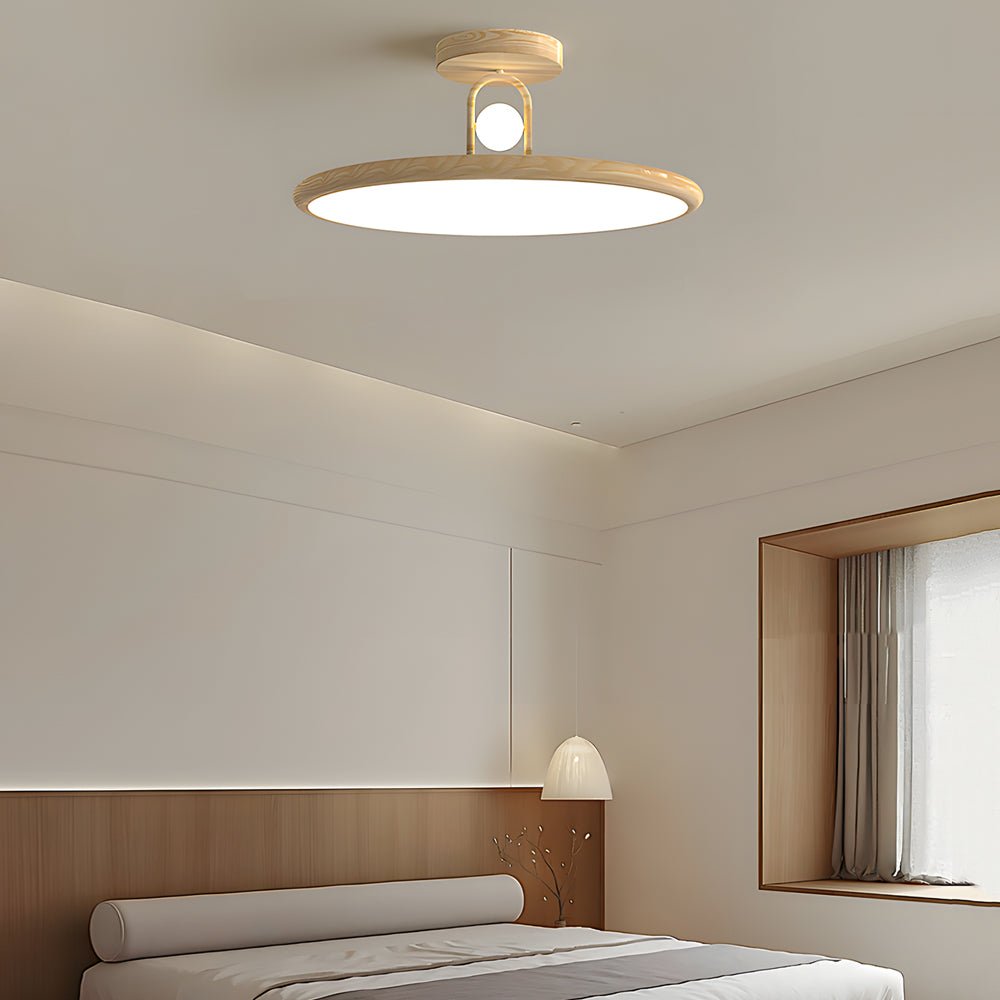 Wood Grain Round Semi-Flush Mount Ceiling Light — Retro Modern Integrated LED 15.7 19.7 in