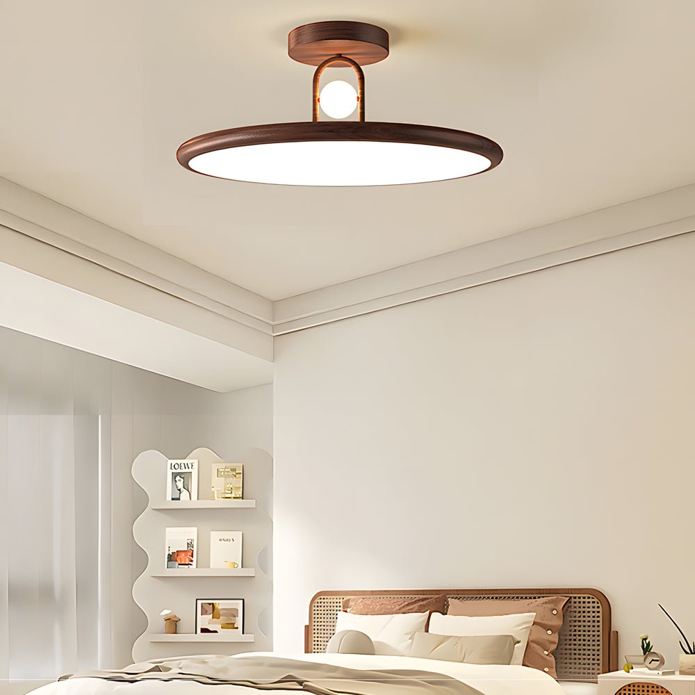 Wood Grain Round Semi-Flush Mount Ceiling Light — Retro Modern Integrated LED 15.7 19.7 in
