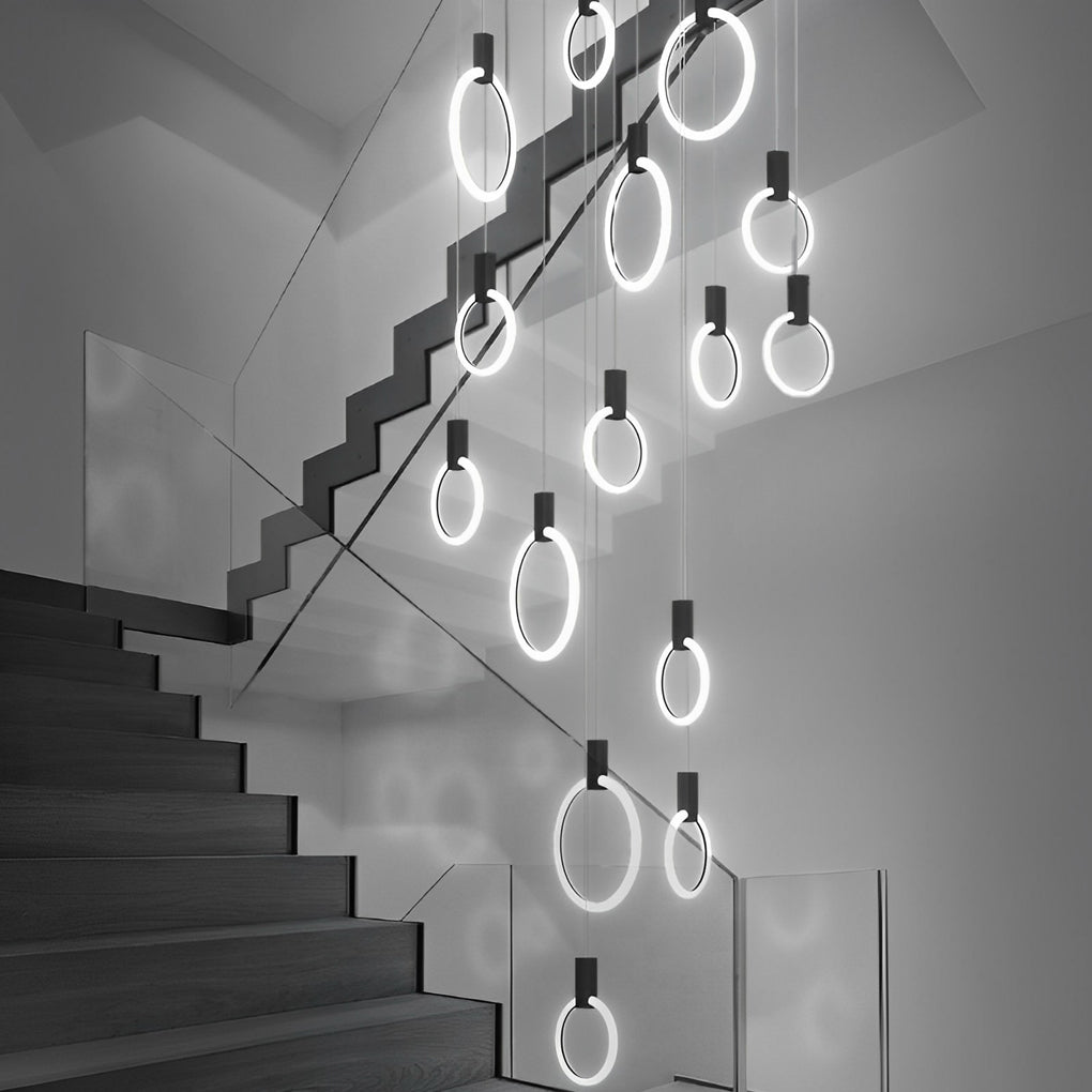 Staircase Chandelier Iron Acrylic Ring Gold Black Integrated LED Modern Nordic Retro Remote Control Stepless Dimming Twelve Configurations 1-Light to 20-Light