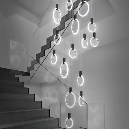Staircase Chandelier Iron Acrylic Ring Gold Black Integrated LED Modern Nordic Retro Remote Control Stepless Dimming Twelve Configurations 1-Light to 20-Light