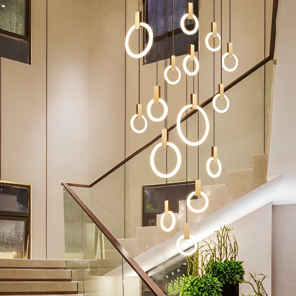 Staircase Chandelier Iron Acrylic Ring Gold Black Integrated LED Modern Nordic Retro Remote Control Stepless Dimming Twelve Configurations 1-Light to 20-Light