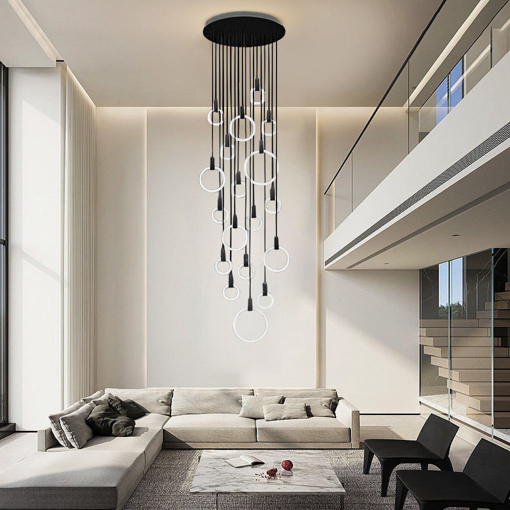 Staircase Chandelier Iron Acrylic Ring Gold Black Integrated LED Modern Nordic Retro Remote Control Stepless Dimming Twelve Configurations 1-Light to 20-Light