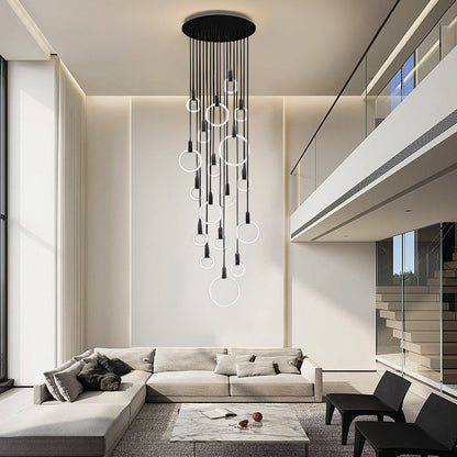 Staircase Chandelier Iron Acrylic Ring Gold Black Integrated LED Modern Nordic Retro Remote Control Stepless Dimming Twelve Configurations 1-Light to 20-Light