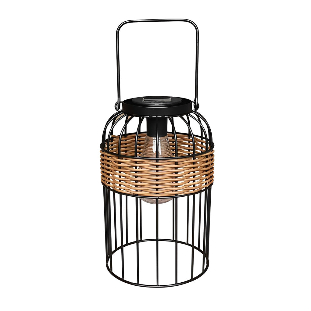 Handwoven Rattan Solar Outdoor Lantern Black Iron Portable Auto On Off IP55 Waterproof LED 6 Inch