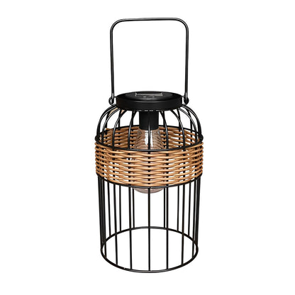 Handwoven Rattan Solar Outdoor Lantern Black Iron Portable Auto On Off IP55 Waterproof LED 6 Inch