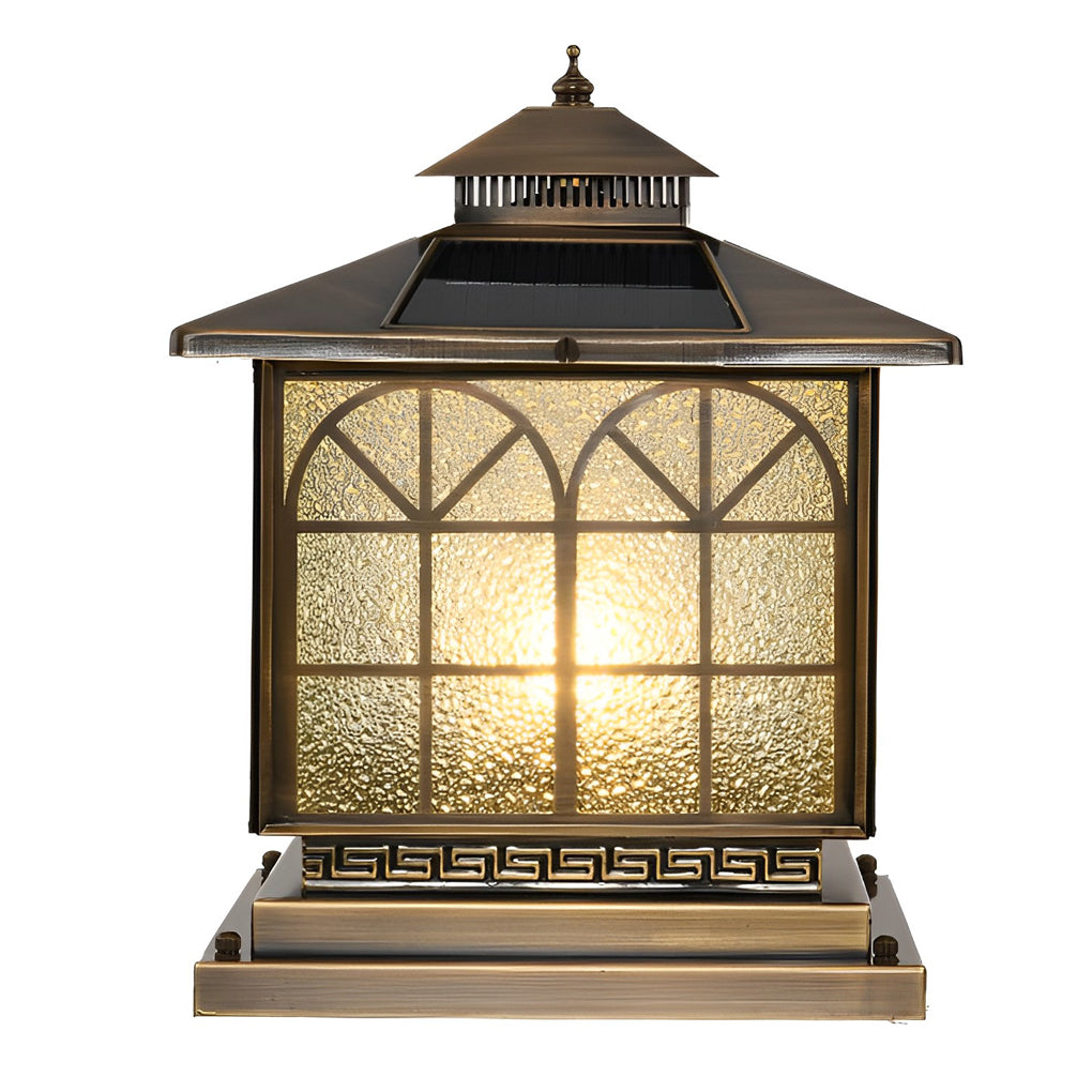Retro Bronze Die-Cast Aluminum Grid Glass Solar or Hardwired Outdoor Pillar Light IP54 3 Sizes Garden Villa