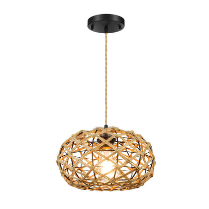Hand-Woven Rope Cage Semi-Flush Mount Ceiling Light — Retro Rustic Beige Iron E26 E27