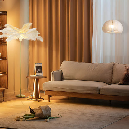 Decorative Floor Lamp Glam Ostrich Feather Gold Iron Stem Warm White 3000K Foot Switch White Pink Teal 61 Inch