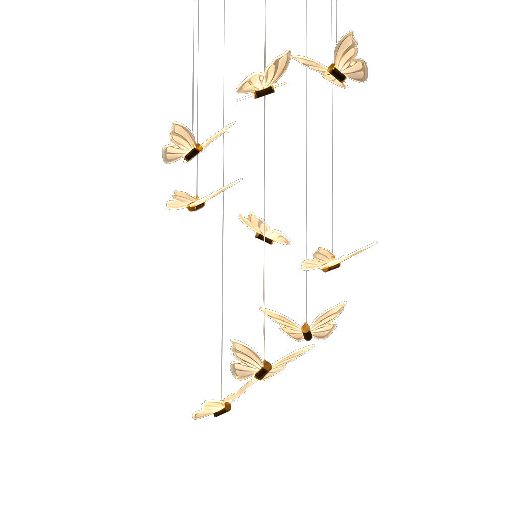Staircase Chandelier Iron Aluminum Acrylic Butterfly Black Gold Electroplated Integrated LED Modern Retro 3-Step Colour Temperature Five Configurations 9-Light to 30-Light