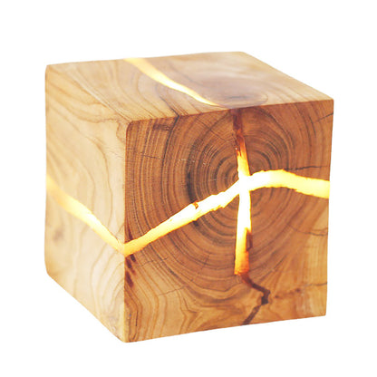 Rustic Wood Cube Wall Sconce Cracked Grain LED Square Bedroom Living Room