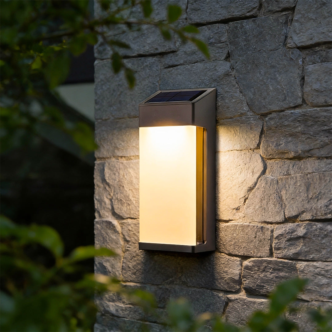Solar Outdoor Wall Sconce Black Frosted Glass LED 3000K 2-Pack Entrance Porch