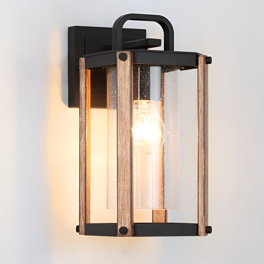 Industrial Outdoor Wall Lantern Die-Cast Aluminum Iron Wood Grain Stand Glass E27 3000K Black Courtyard Villa