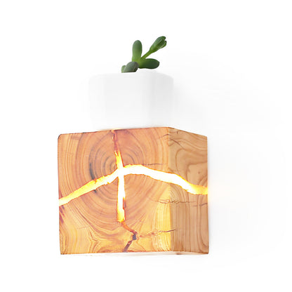 Rustic Wood Cube Wall Sconce Cracked Grain LED Square Bedroom Living Room