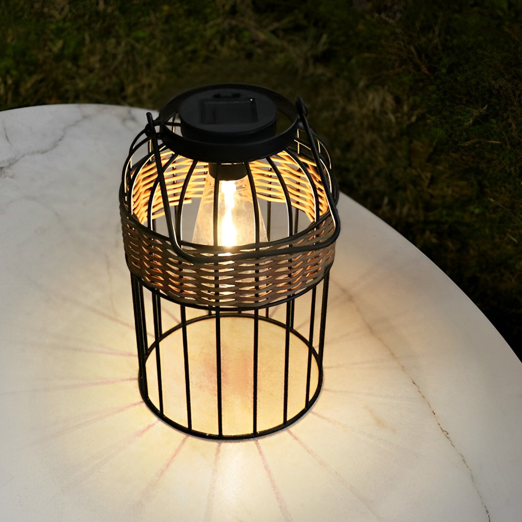 Handwoven Rattan Solar Outdoor Lantern Black Iron Portable Auto On Off IP55 Waterproof LED 6 Inch