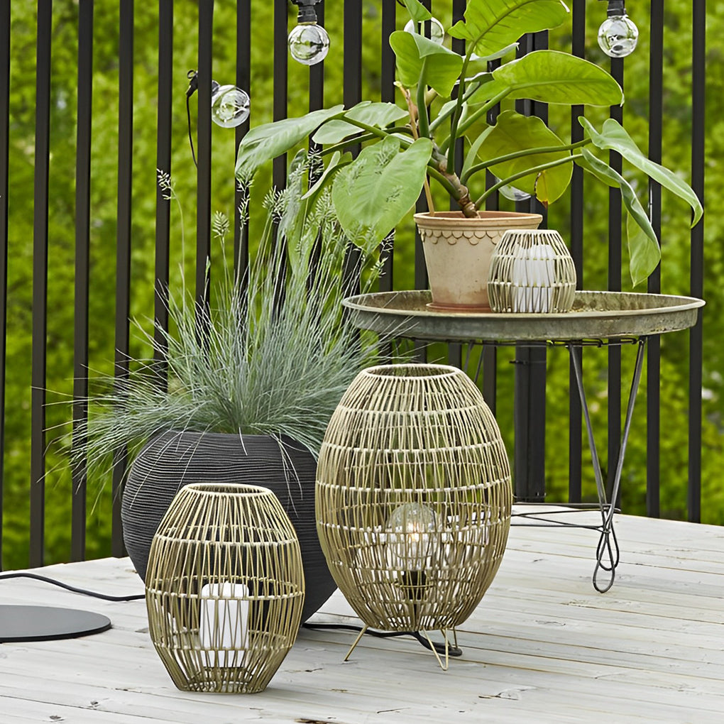 Handmade Rattan Oval Cage Outdoor Floor Lamp IP65 E27 Retro Rustic Iron