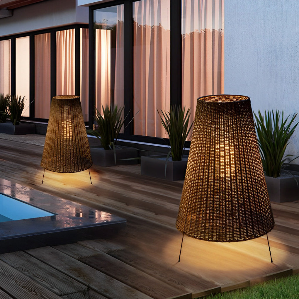 Rattan Tapered Drum Tripod LED Outdoor Floor Lamp IP65 Glass Diffuser 3000K 40W