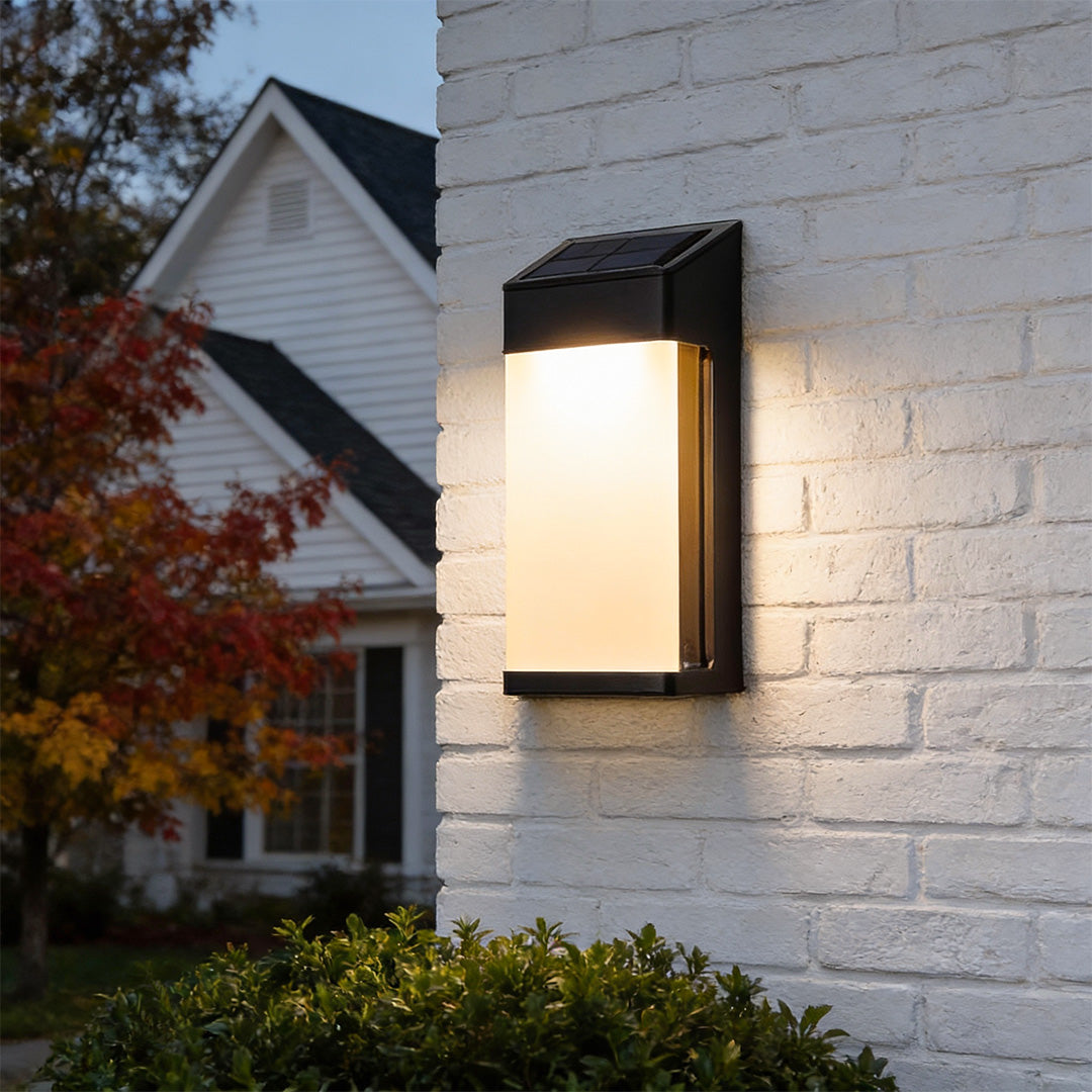 Solar Outdoor Wall Sconce Black Frosted Glass LED 3000K 2-Pack Entrance Porch