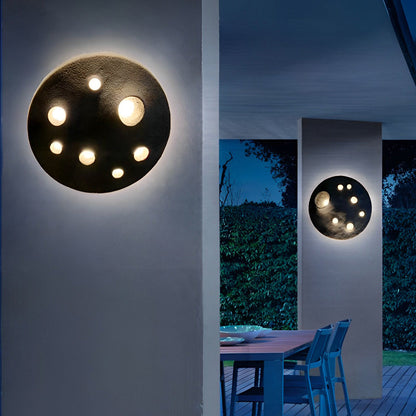 Modern Outdoor Wall Sconce Round Stone Cement Lunar Crater LED IP65 Gray Industrial 12 18 Inch