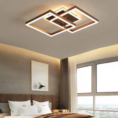 Double-Layer Overlapping Square Semi-Flush Mount Ceiling Light — Modern Nordic Brown Aluminum Acrylic LED