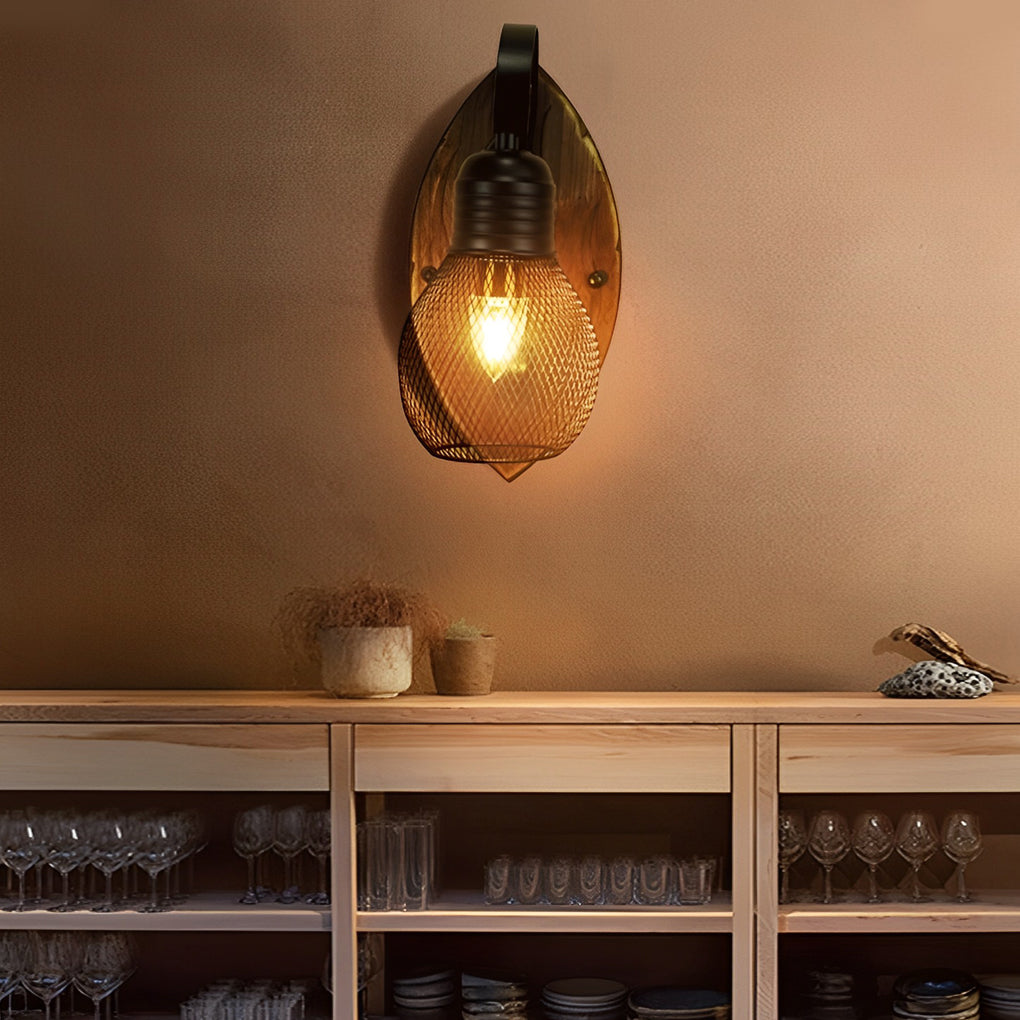 Rustic Wood Iron Industrial Wall Sconce Black Mesh E27 Vintage Bedroom Café Hallway