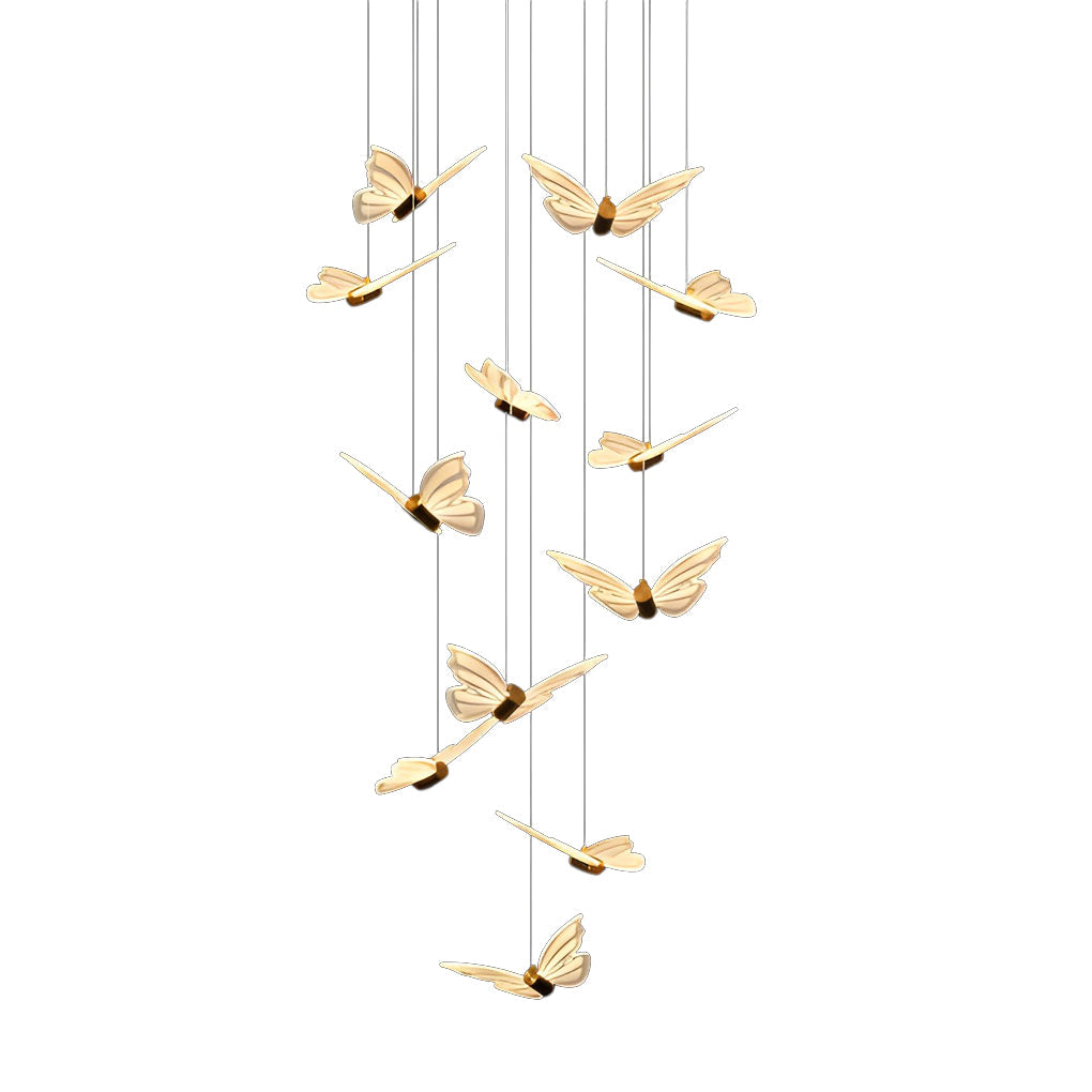 Staircase Chandelier Iron Aluminum Acrylic Butterfly Black Gold Electroplated Integrated LED Modern Retro 3-Step Colour Temperature Five Configurations 9-Light to 30-Light