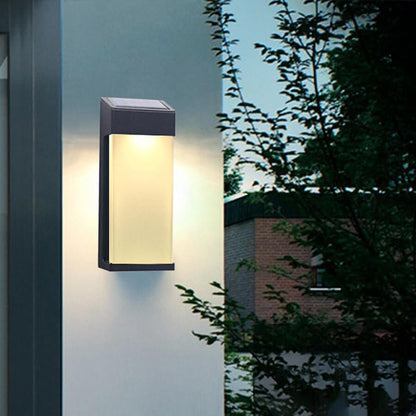 Solar LED Outdoor Wall Sconce Die-Cast Aluminum High Hardness Glass IP44 3000K Warm White Black