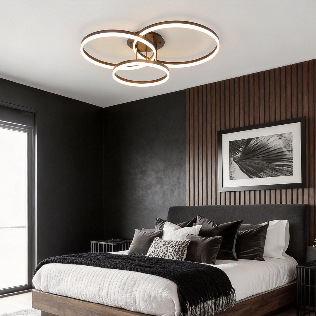 3-Ring Interlocking LED Semi-Flush Mount Ceiling Light Gold Metal Acrylic Dimmable 75W 35''