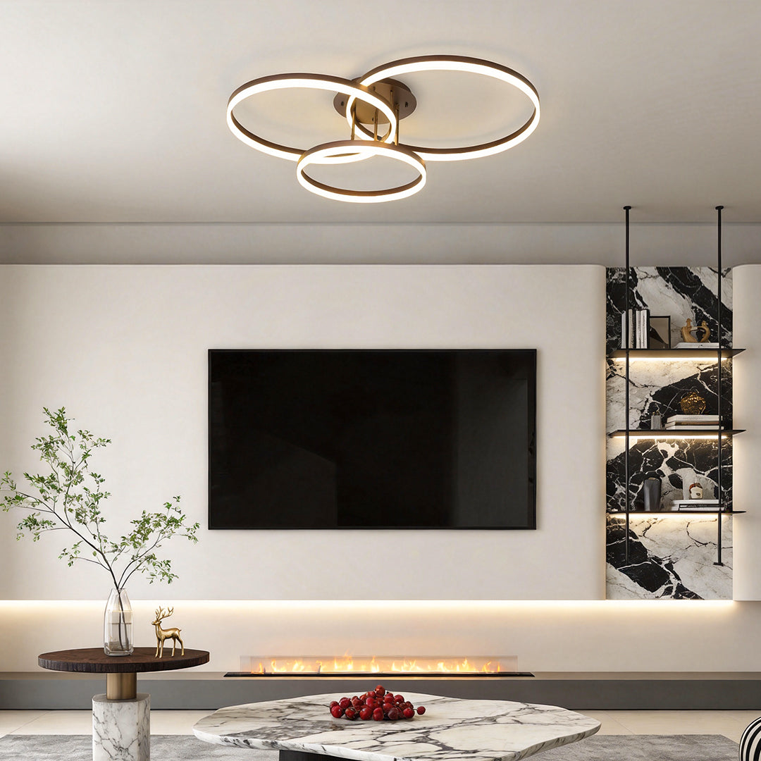 3-Ring Interlocking LED Semi-Flush Mount Ceiling Light Gold Metal Acrylic Dimmable 75W 35''