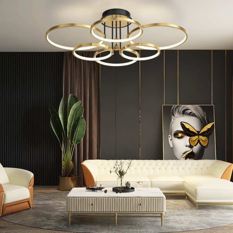 Concentric Rings Semi-Flush Mount Ceiling Light — Modern Gold LED Leather Detail 3 5 6 Ring