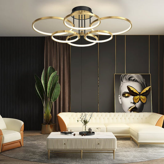 Concentric Rings Semi-Flush Mount Ceiling Light — Modern Gold LED Leather Detail 3 5 6 Ring
