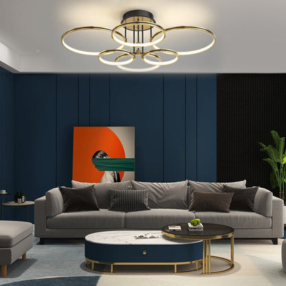 Concentric Rings Semi-Flush Mount Ceiling Light — Modern Gold LED Leather Detail 3 5 6 Ring