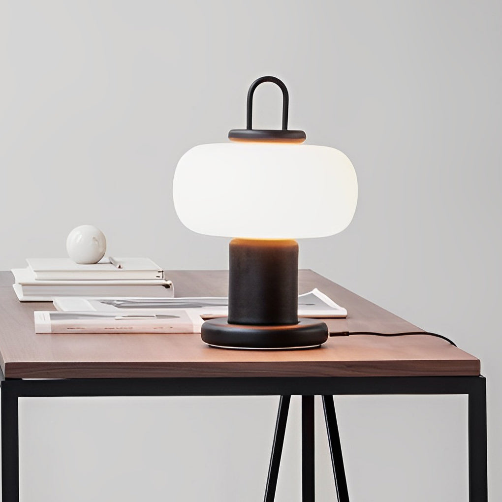 Milk Glass Orb Rechargeable LED Table Lamp Black Metal Ring Handle 3000K Warm White Portable Lantern 12.6''