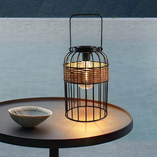 Handwoven Rattan Solar Outdoor Lantern Black Iron Portable Auto On Off IP55 Waterproof LED 6 Inch