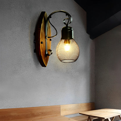 Rustic Wood Iron Industrial Wall Sconce Black Mesh E27 Vintage Bedroom Café Hallway