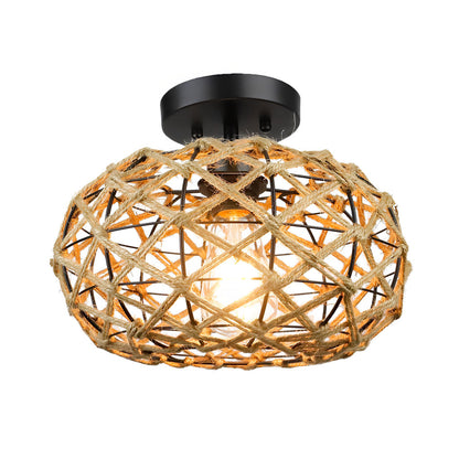 Hand-Woven Rope Cage Semi-Flush Mount Ceiling Light — Retro Rustic Beige Iron E26 E27