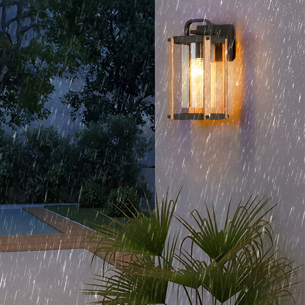 Industrial Outdoor Wall Lantern Die-Cast Aluminum Iron Wood Grain Stand Glass E27 3000K Black Courtyard Villa