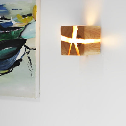 Rustic Wood Cube Wall Sconce Cracked Grain LED Square Bedroom Living Room