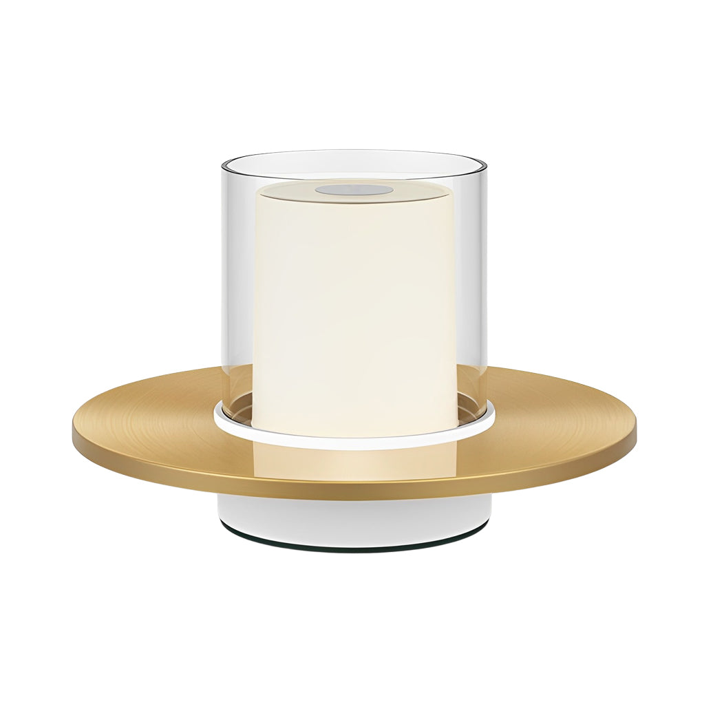 Modern Rechargeable LED Table Lamp Candle Cylinder 2400K Touch Infrared Dimmable Cordless Brass Nickel Dish Base Bedside 4 Inch