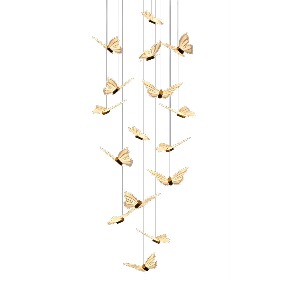 Staircase Chandelier Iron Aluminum Acrylic Butterfly Black Gold Electroplated Integrated LED Modern Retro 3-Step Colour Temperature Five Configurations 9-Light to 30-Light