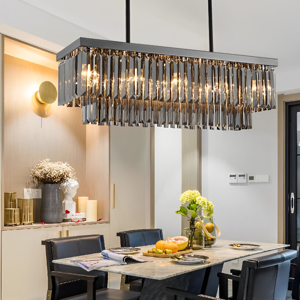 Rectangular Smoke Gray Crystal Chandelier Stainless Steel E14 3-Step Dimming Retro Nordic
