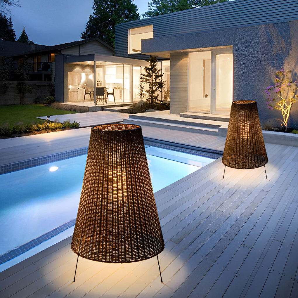 Rattan Tapered Drum Tripod LED Outdoor Floor Lamp IP65 Glass Diffuser 3000K 40W