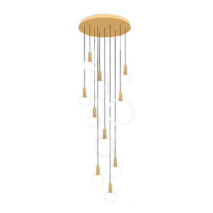 Staircase Chandelier Iron Acrylic Ring Gold Black Integrated LED Modern Nordic Retro Remote Control Stepless Dimming Twelve Configurations 1-Light to 20-Light
