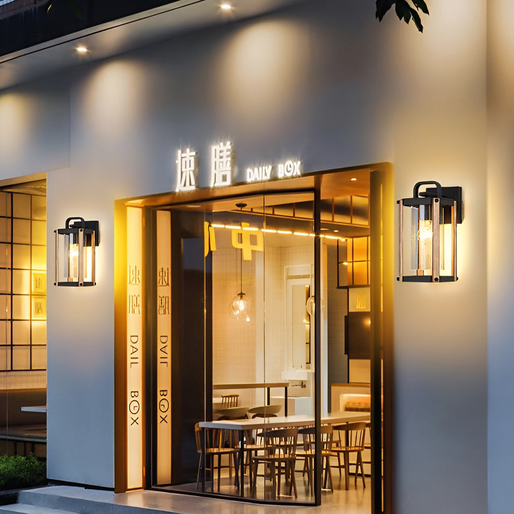 Industrial Outdoor Wall Lantern Die-Cast Aluminum Iron Wood Grain Stand Glass E27 3000K Black Courtyard Villa